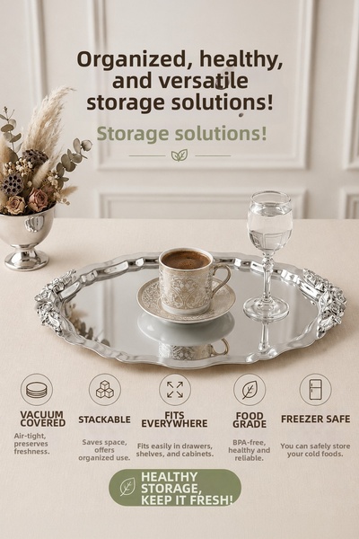 Kitchen Life Large Size Vintage Embroidered Oval Stainless Steel Silver Coffe...