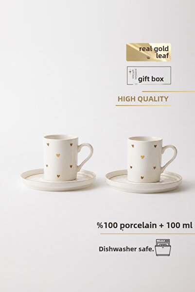 TUSE LIVING Golden Hearts Real Gold Gilded Heart 4 Piece Porcelain Coffee Cup...