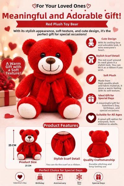 Yenilig Red Plush Teddy Bear Cute Gift Teddy Bear 25 cm