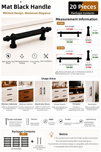 MIB Mâner decorativ pentru mobilier, negru mat, 96-128 mm, mâner pentru serta...