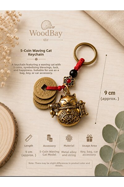 WoodBay Breloc Feng Shui Pisica Norocoasă cu 5 monede chinezești Maneki Neko ...