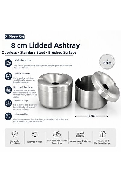 DİES 2-Piece Odorless Ashtray with Lid 8 cm Stainless Steel Inox Table Type A...