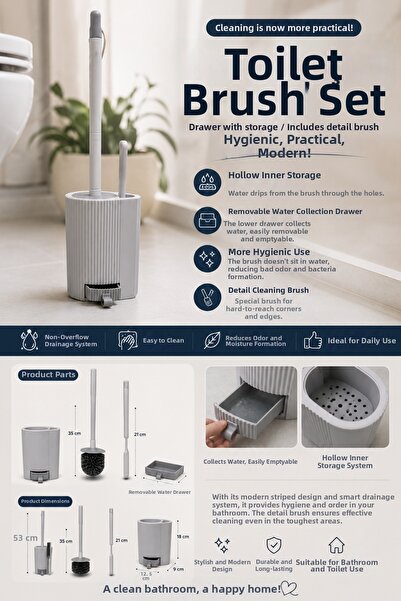MAKRİ HOME Toilet Brush Set and Detail Cleaning Brush, Height: 53 cm (35 cm H...