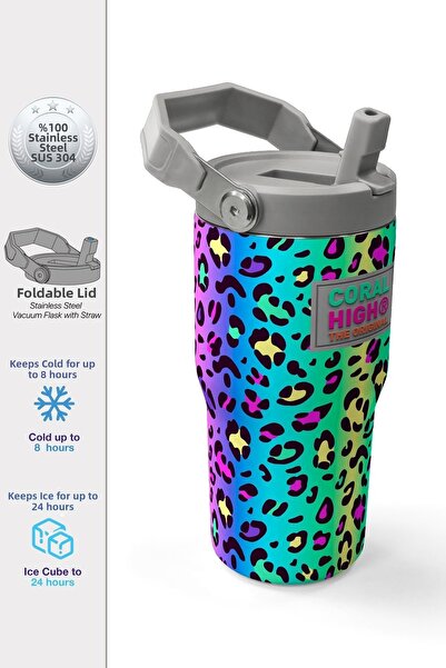 Coral High 600 ml Green Purple Leopard Patterned Girl's Water Bottle with Str...