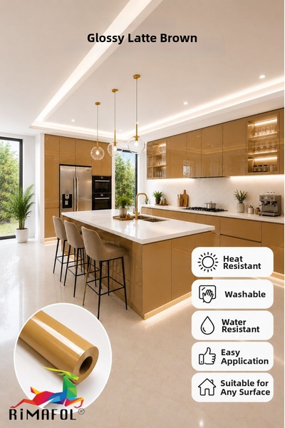 RİMAFOL Glossy Latte Brown Adhesive Kitchen -Cabinet and Furniture Covering Foil