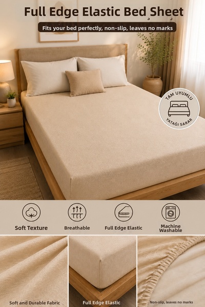Sleep Garden Premium Crinkle Elastic Cream Bed Sheet Breathable Soft Fabric F...