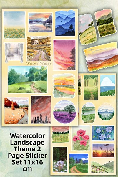 WhimsyWhite Watercolor Landscape Themed Sticker Set - 2 Sheets 11X16 cm - Vin...