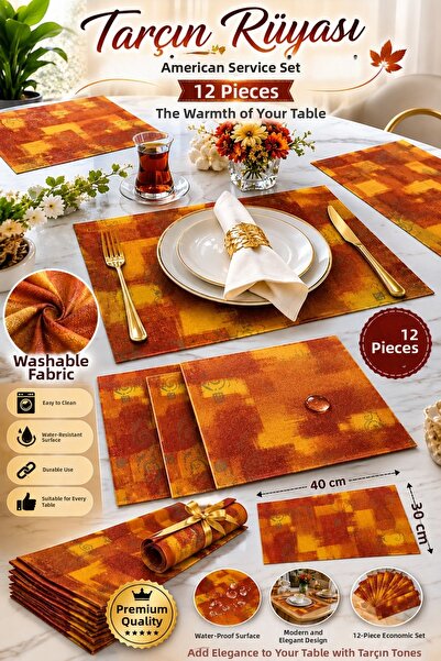 izbul Cinnamon Dream 12-Piece American Service Set 30X40 cm Washable Fabric W...