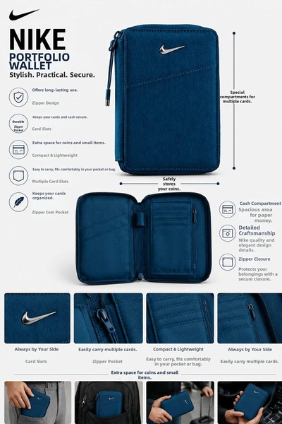 Nike Zippered Portfolio Wallet Petrol – Card Holder, Coin Compartment, Multi-...
