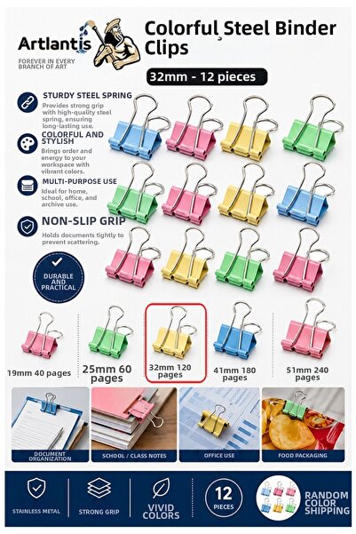 Artmaster Colorful Steel Clamp Clips 32 mm 12 Pieces Paper Clips Colorful Met...