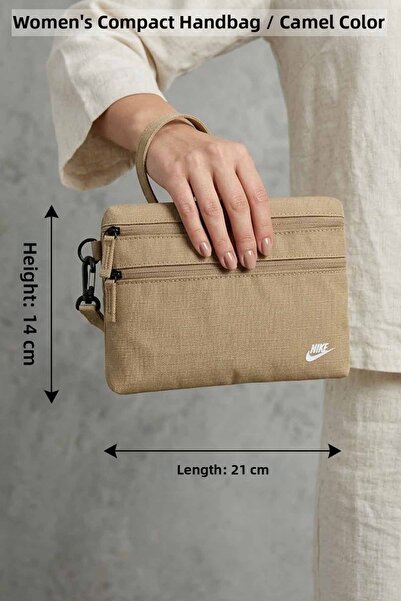 Nike Women's Camel Color Fabric Handbag with Compartments and Wrist Strap 21X...