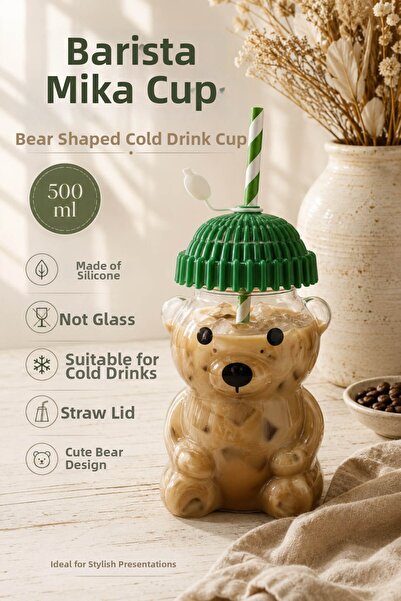 Anadolu Saray Barista Mika Teddy Bear Cold Drink Glass with Straw 500 ml Not ...