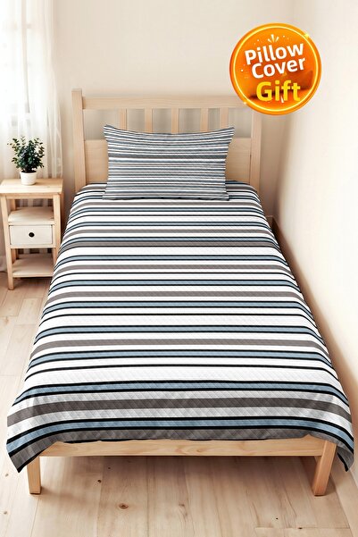 Evimde Bambaşka Set de lenjerie de pat cu dungi albastre, modern, pentru dorm...