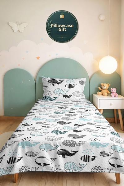 Evimde Bambaşka Blue Whale Children's Room Single Pique Set - Sea Themed Blac...