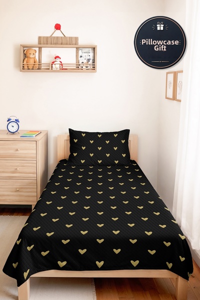 Evimde Bambaşka Black Hearts Minimal Youth Room Single Pique Set - Gold 160X2...