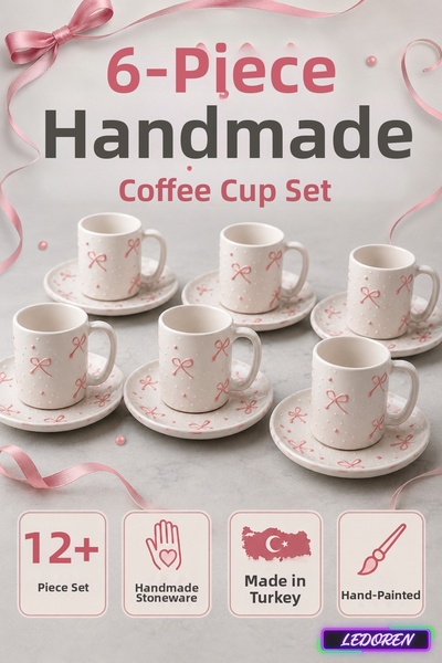 L'eDoren 6-Person Ceramic Coffee Cup Set with Round Presentation Plate Porcel...