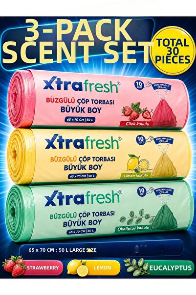 XTRAFRESH Drawstring Garbage Bag Large Size 65X70 cm 50 L – 3 Rolls 30 Pieces Strawberry, Lemon and Eucalyptus Scented