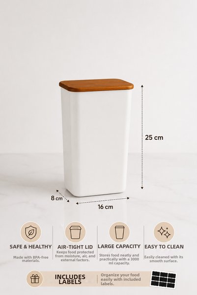 Generic Brand 2-Pack 3 Lt Labeled Tablet Detergent Storage Container with Wooden Lid – Bathroom Kitchen Organizer Box White