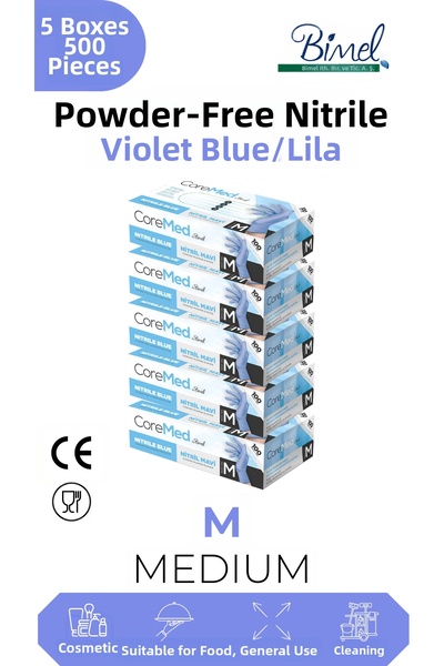 COREMED قفازات فحص النتريل ليلك مقاس M - 5 عبوات تحتوي على 100 قطعة