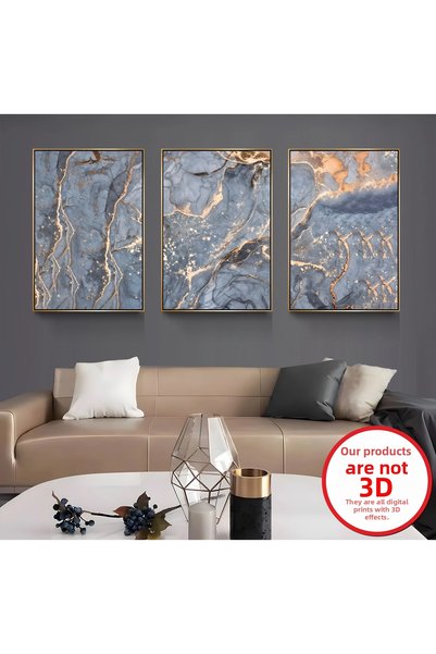 EMYA HOME Set de 3 tablouri pe pânză cu model de marmură și ramă metalică aurie