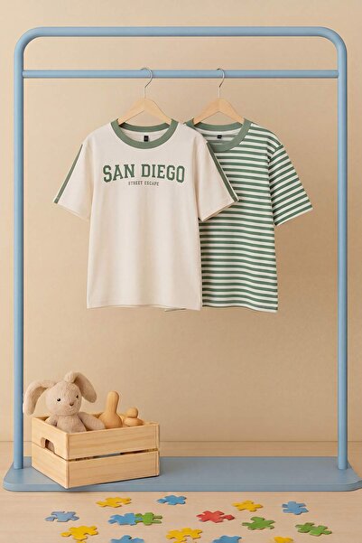 TRENDYOLKIDS Εκρού-Πράσινο Ριγέ Πλεκτό T-Shirt TKDSS26TS00037