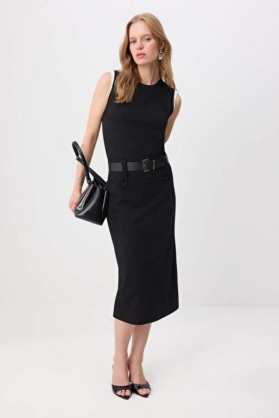 Trendyol Collection Black Pencil Belt Pack Normal Waist Midi Scuba Crepe Knit...