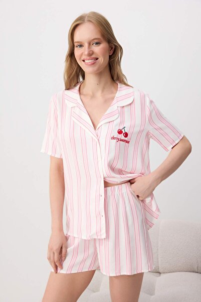 Trendyol Collection Pink Striped Shally Woven Pajama Set Thmss25Pt00312
