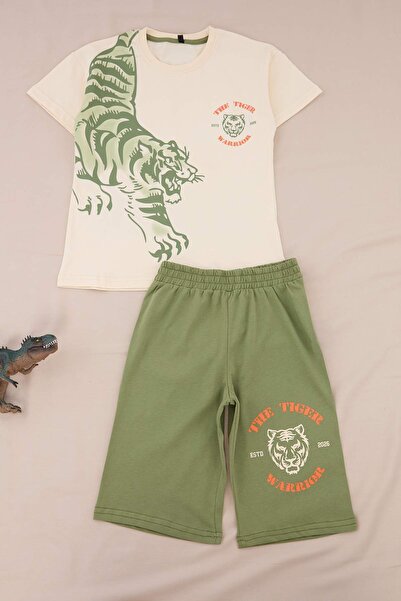 TRENDYOLKIDS طقم سفلي وعلوي محبوك باللون الأخضر مطبوع TKDSS26AU00107