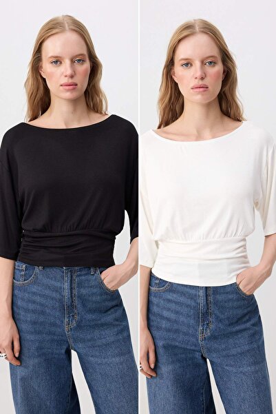 Trendyol Collection Black-Ecru 2-Pack Regular/Normal Fit Asymmetric Collar St...