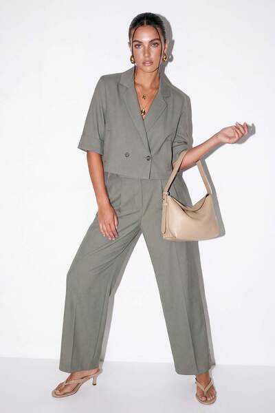 Trendyol Collection Khaki Double-Breasted Collar Double Jacket Wide Leg Pocke...