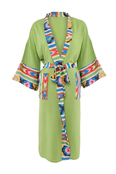 Trendyol Collection Green Woven Oversize Maxi Shawl Collar Beach Kimono & Kaf...