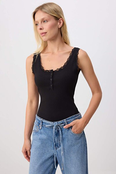 Trendyol Collection Tricou negru mulat, cu decolteu tip piscină, fără mâneci,...