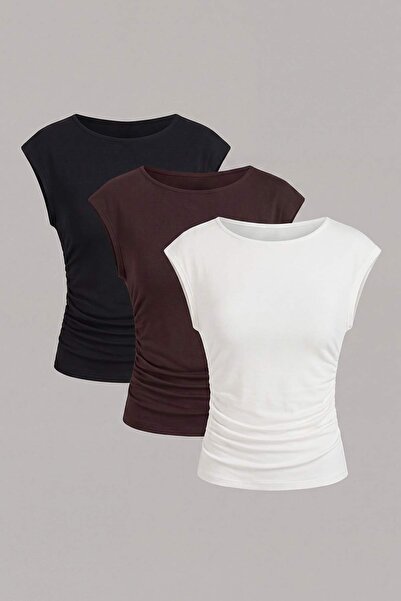 Trendyol Collection Black-Ecru-Brown Plain Fitted Crew Neck Sleeveless Crop S...