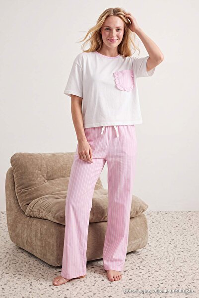 Trendyol Collection White-Pink Striped Knitted Pajama Set with Pockets Thmaw2...