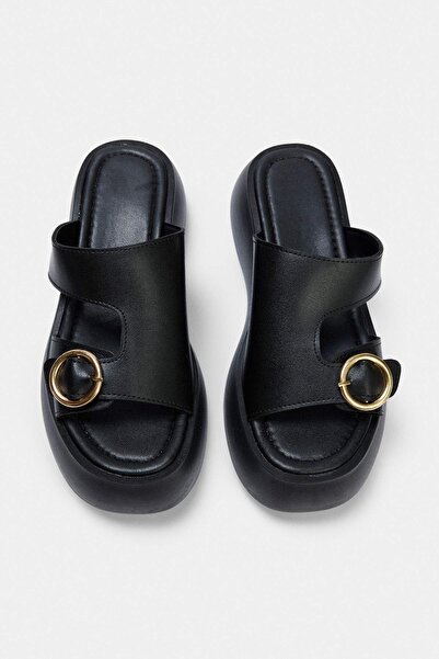 TRENDYOL SHOES Black Gold Buckle Detailed Thick Sole Women's Slippers Takss26...