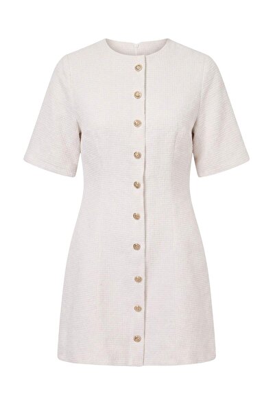 Trendyol Collection Ecru Tweed Gold Button Detailed A-Line/ Bell Form Short /...