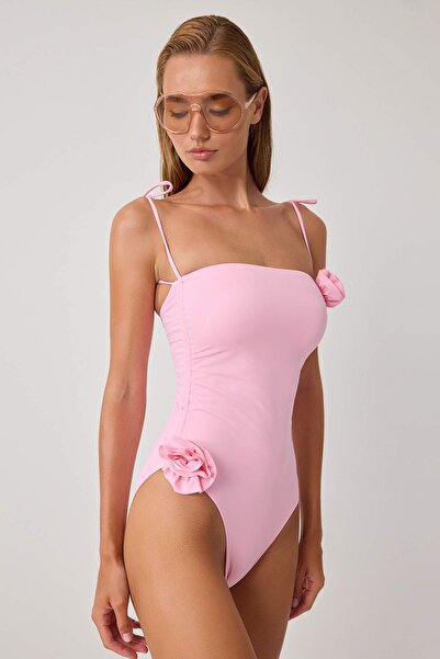 Trendyol Collection Pink Strapless Covered Floral Appliqué Regular Swimsuit T...