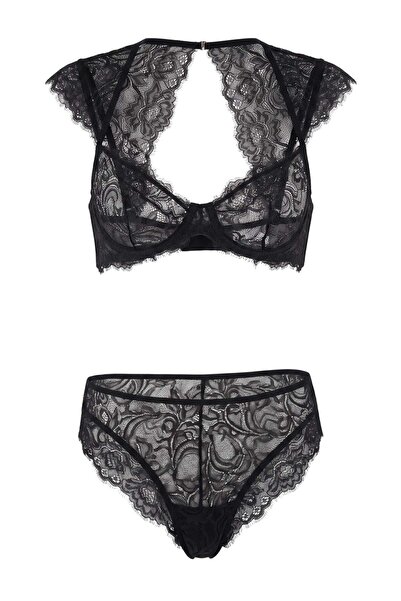 Trendyol Collection Black Lace Back Detailed Bustier Unlined Underwear Set Th...