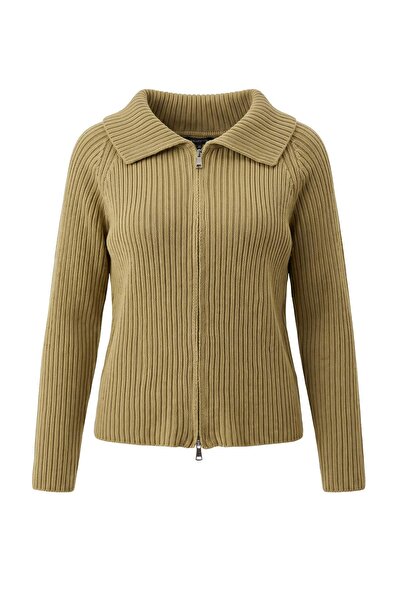 Trendyol Curve Light Khaki Turn-Down Collar Double Zipper Knitwear Cardigan T...