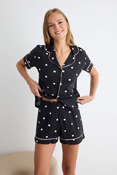 Trendyol Collection Set de pijamale tricotate din jerseu pieptănat negru, 100...