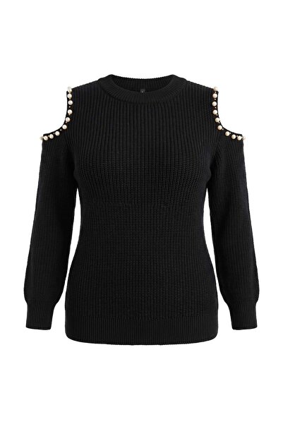 Trendyol Curve Black Shoulder Pearl Detailed Knitwear Sweater Tbbaw27An00053