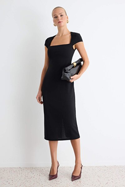 Trendyol Collection Black Bodycon/Fitted Pool Neckline Ay Sleeve Midi Stretch...