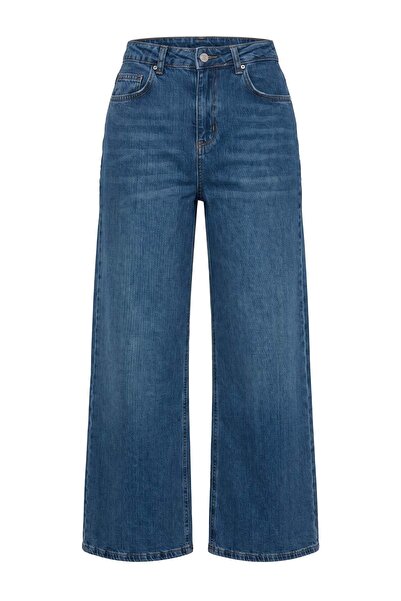 Trendyol Collection Blue Az Slight Stretch High Waist Ankle Length Culotte Je...