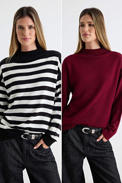 Trendyol Collection Black-Burgundy Basic Double Pack Knitwear Sweater Twoaw26...