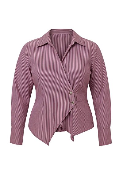 Trendyol Curve Burgundy Striped Silver Button Detailed Oversize Woven Shirt T...