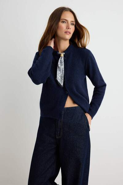 Trendyol Collection Navy Blue Soft Textured Scarf Detailed Knitwear Cardigan ...