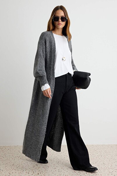 Trendyol Collection Anthracite Soft Textured Long Knitwear Cardigan Twoaw27Hi...