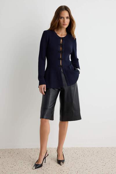Trendyol Collection Navy Blue Special Button Peplum Detailed Knitwear Cardiga...