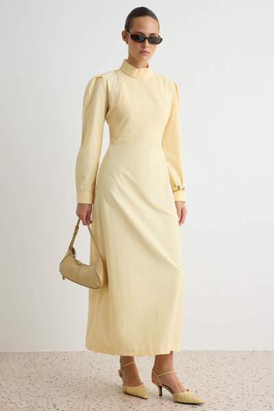 Trendyol Modest Light Yellow Back Metal Corset Detailed Unlined Maxi Cotton W...