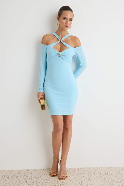 Trendyol Collection Ice Blue Asymmetric Collar Bodycone/Body-Hugging Short / ...